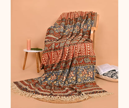 Handmade Cotton Floral Throw Blanket | Indian Block Print with Tassels | Boho Fringed Sofa & Bed
