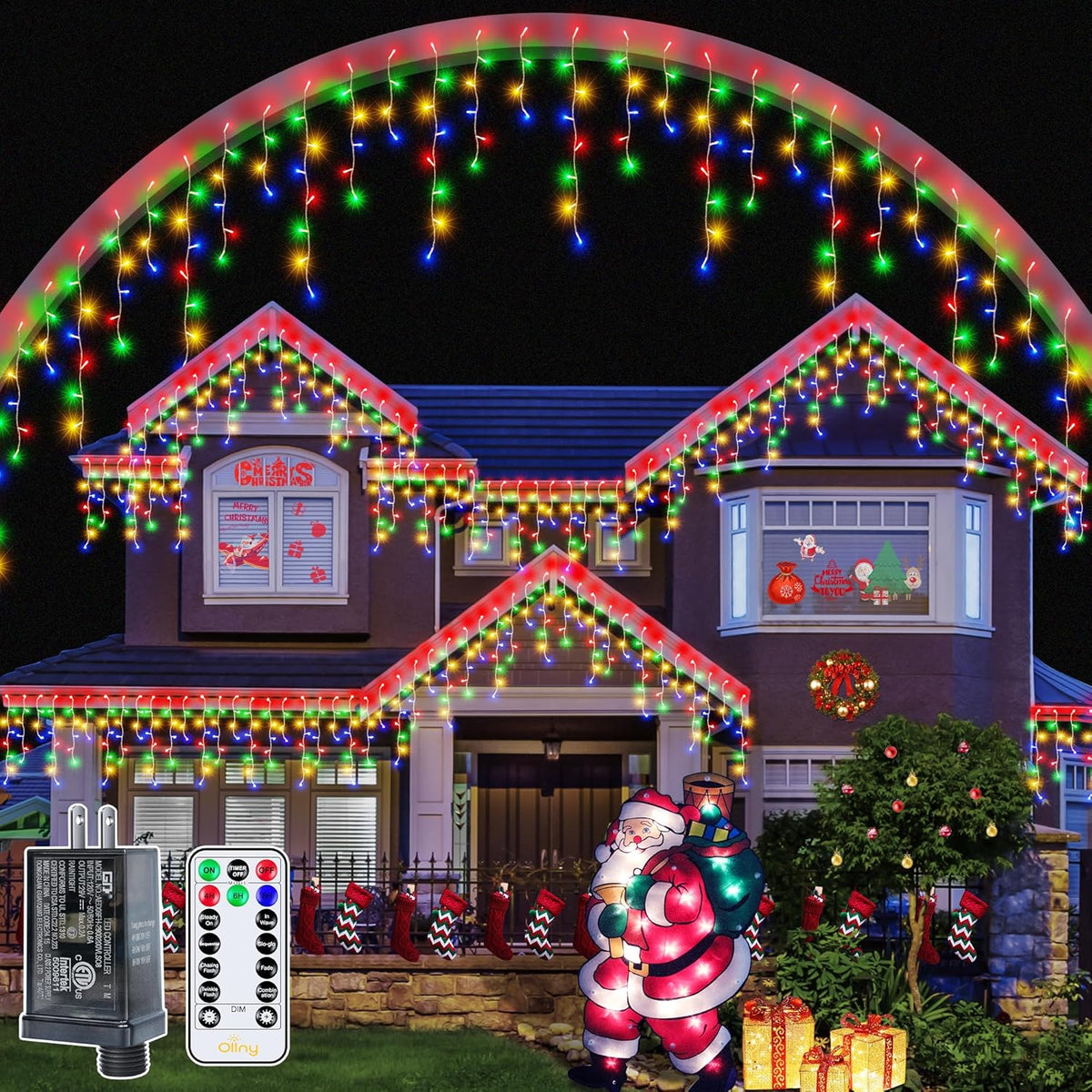Ollny Icicle Lights Outdoor Multicolor, 594LED 49FT Christmas Lights with Remote 8 Modes Dimmable