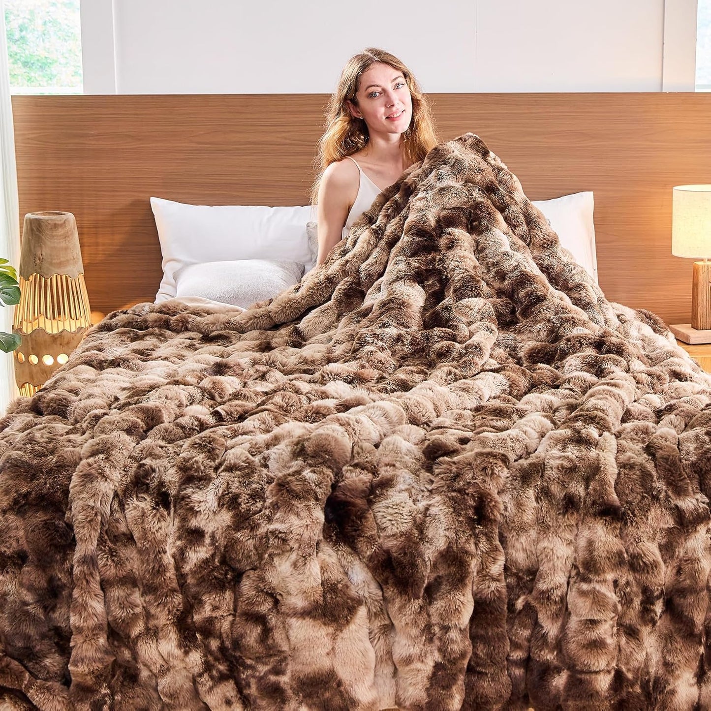 Lotus Karen Faux Fur Throw Blanket Tie-Dye Dark Coffee - Big Bubble Rabbit Fluff Blanket for
