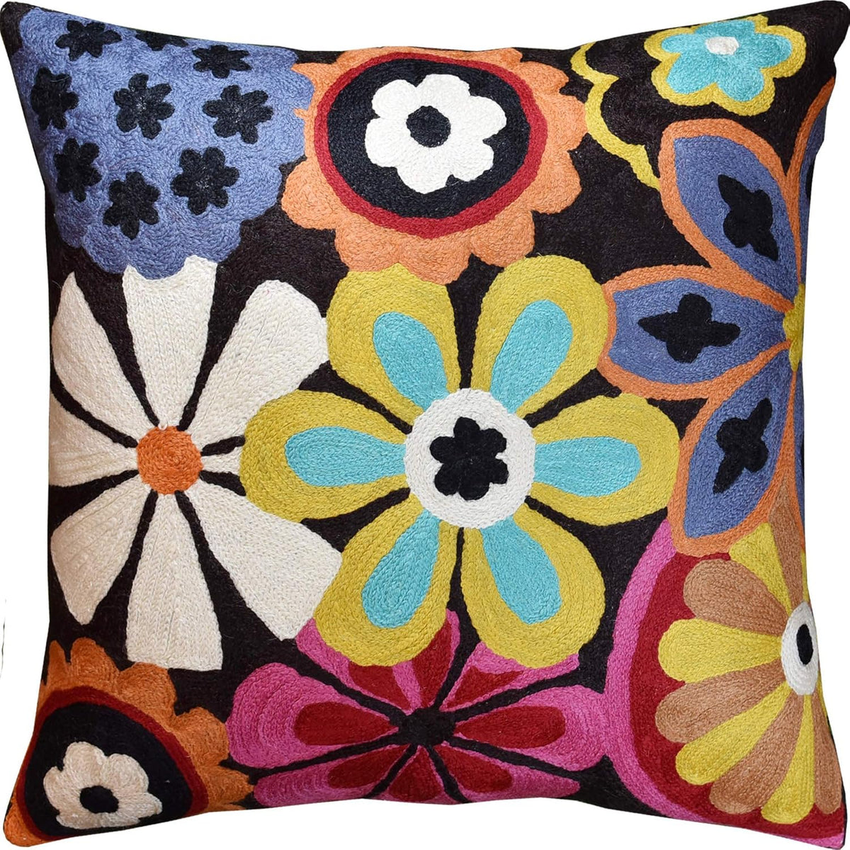 Modern Black Daisy Floral Pillow Cover Accent Flower Traditional Pillowcase Hand Embroidered