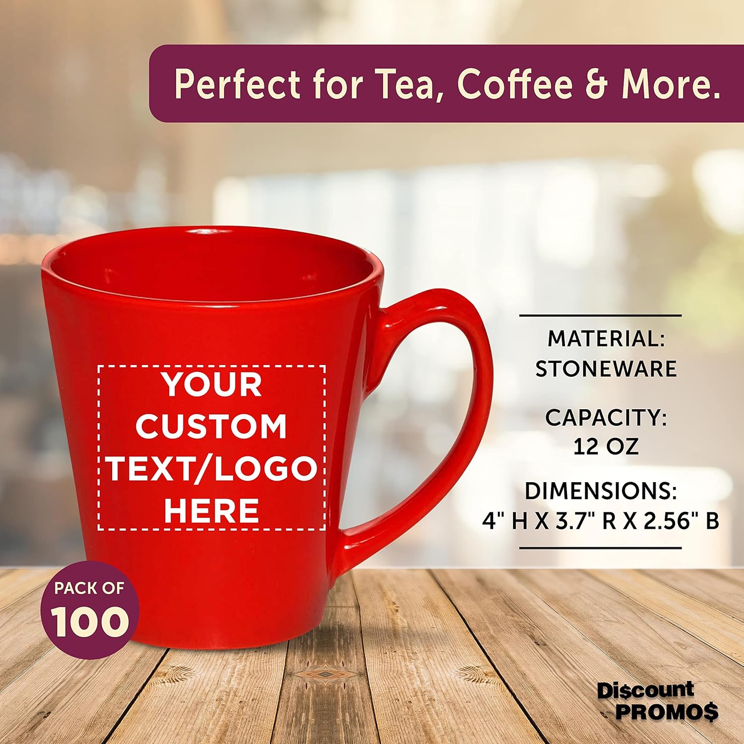 DISCOUNT PROMOS Custom Glossy Ceramic Latte Coffee Mug 12 oz. Set of 100, Personalized Bulk Pack