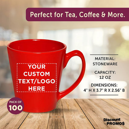 DISCOUNT PROMOS Custom Glossy Ceramic Latte Coffee Mug 12 oz. Set of 100, Personalized Bulk Pack