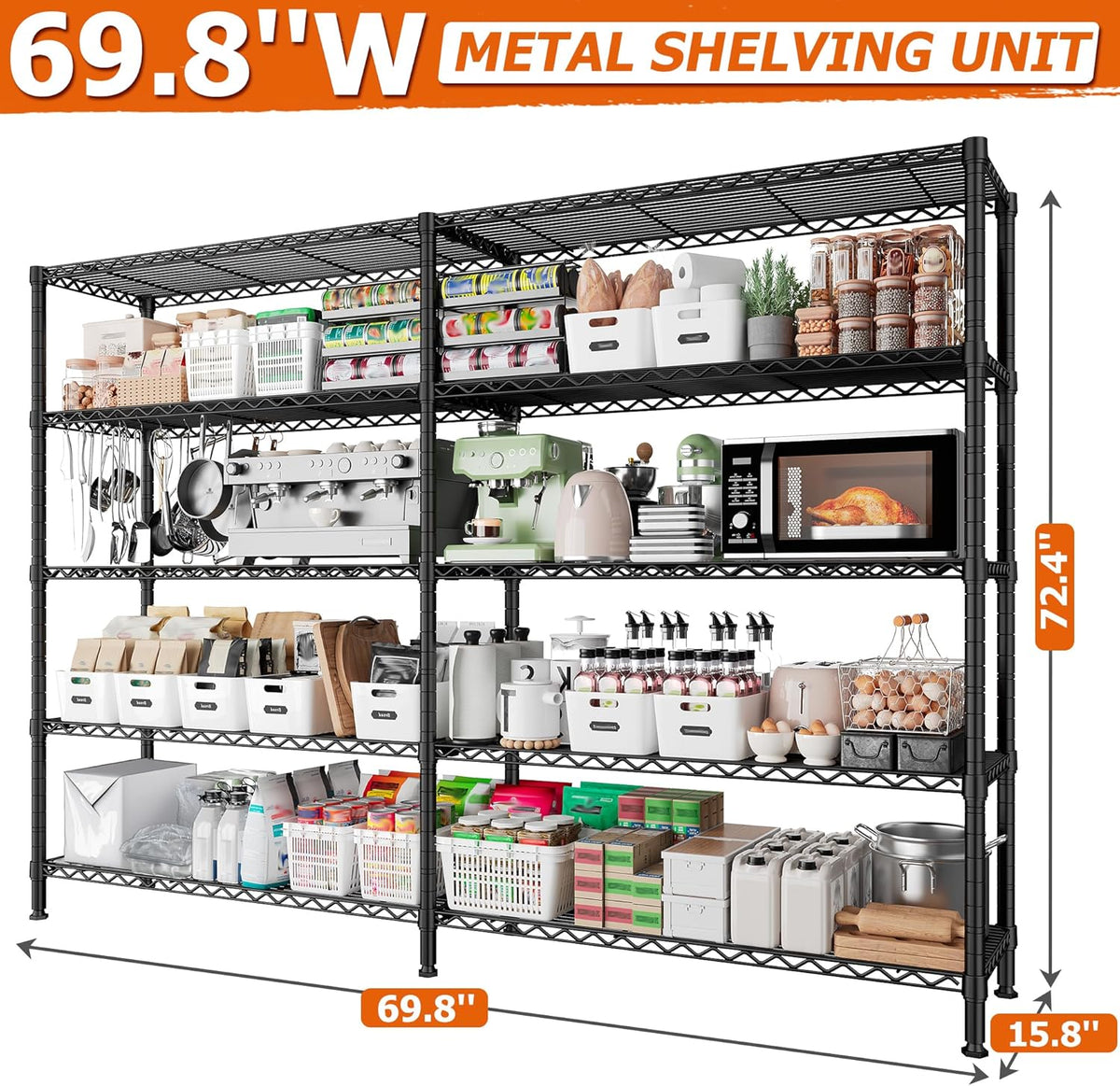 REIBII 1600LBS Storage Shelves Metal Shelving 5 Tier Wire Shelving Unit, 69.8" W Pantry Shelves