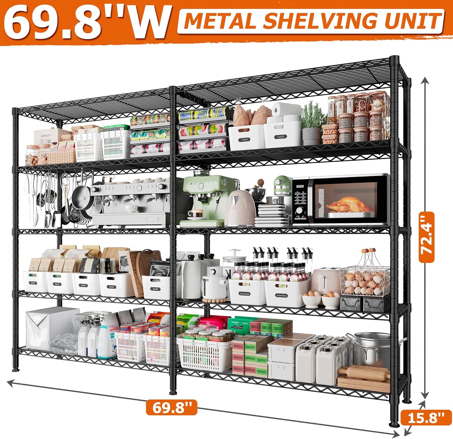 REIBII 1600LBS Storage Shelves Metal Shelving 5 Tier Wire Shelving Unit, 69.8" W Pantry Shelves