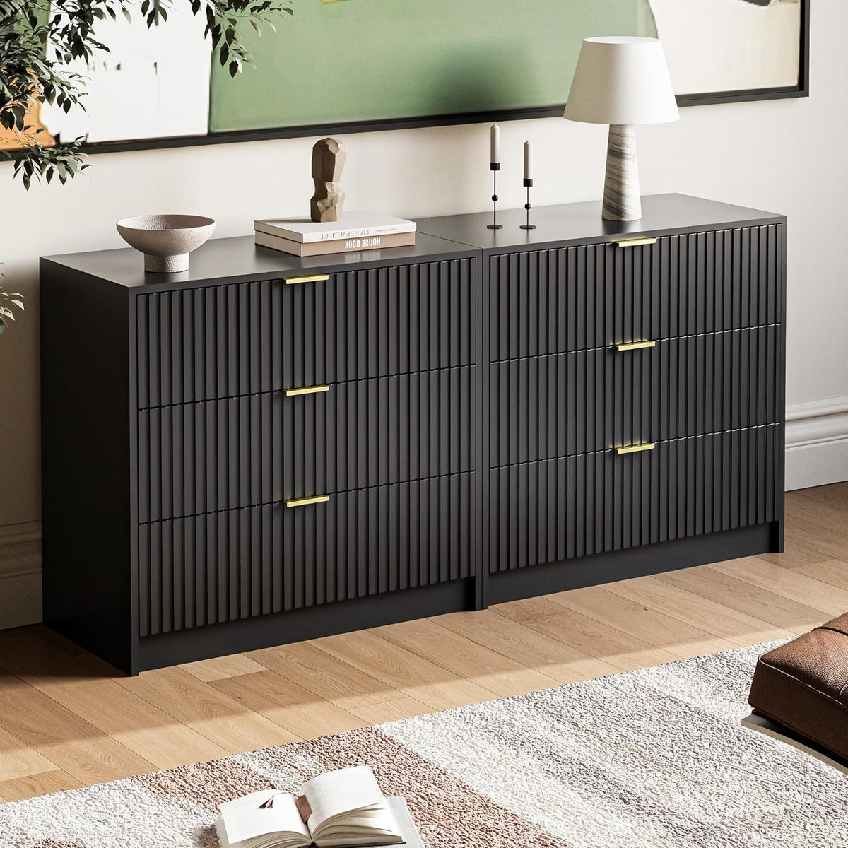 Black Fluted Dresser for Bedroom, 32 Inch Wide Nightstand with Large Drawer, 3 Drawer End Table for