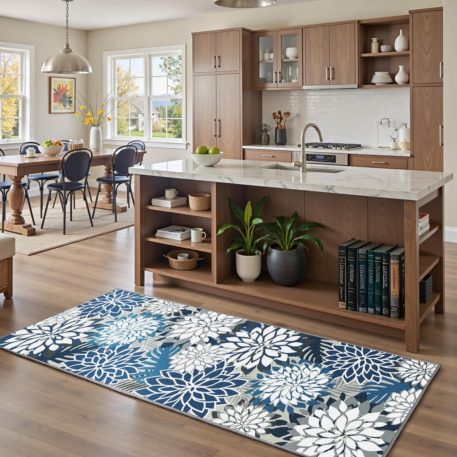 Area Rug 2x6 Blue White Washable Entry Rug Multicolored Tropical Botanical Modern Floral Indoor