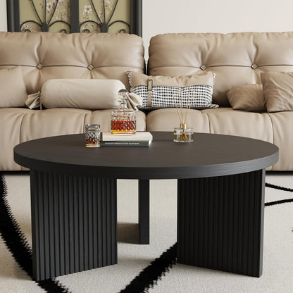 Wooden Round Coffee Table, 35" Coffee Table with Smooth Thick Mesa, Low Circle Center Table with X