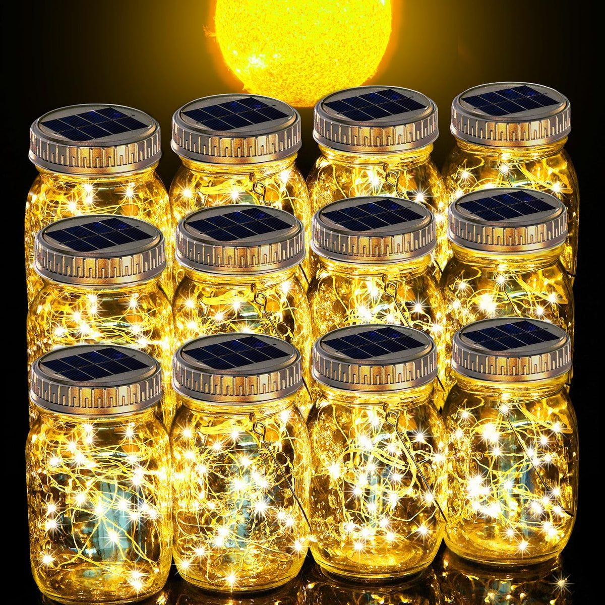 Cooo 12 Pack Solar Lanterns Outdoor Waterproof Upgraded Crystal Glass Solar Mason Jar Lights 30 LED