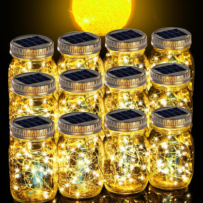 Cooo 12 Pack Solar Lanterns Outdoor Waterproof Upgraded Crystal Glass Solar Mason Jar Lights 30 LED