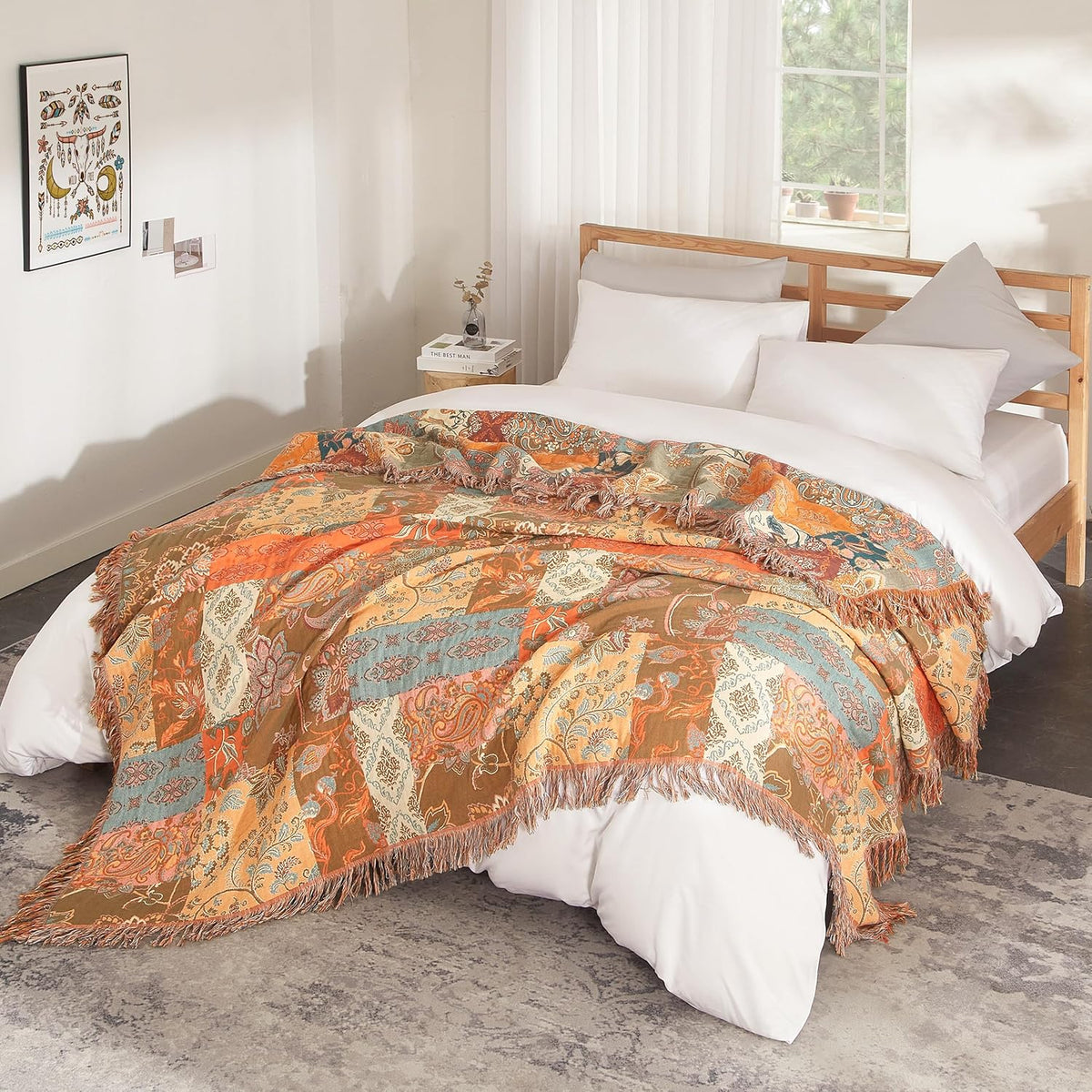 Boho Throw Blanket for Bed 90”x98”, 100% Cotton Woven Blanket for Couch Sofa, Ultra Soft 4-Layer