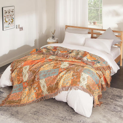 Boho Throw Blanket for Bed 90”x98”, 100% Cotton Woven Blanket for Couch Sofa, Ultra Soft 4-Layer