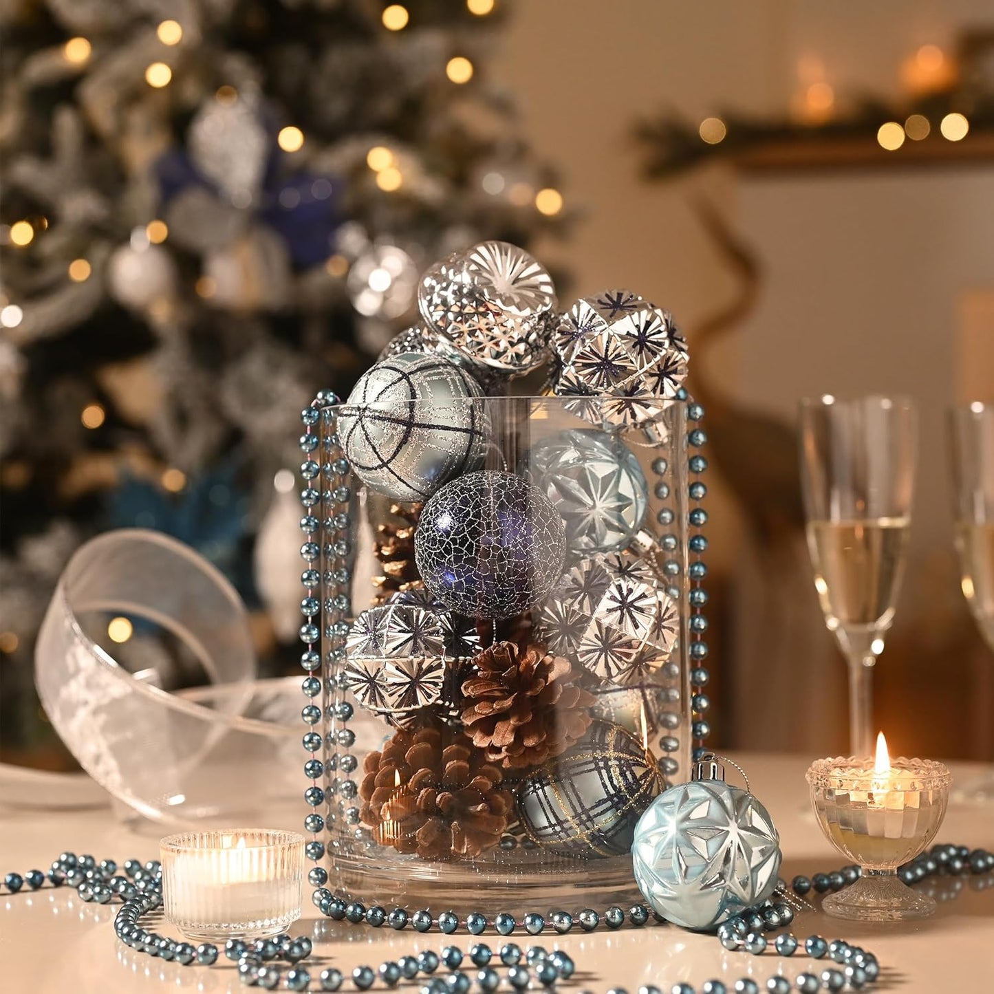Valery Madelyn Ornaments for Christmas Trees, 9ct 2.36 Inches Navy Blue and Silver Shatterproof