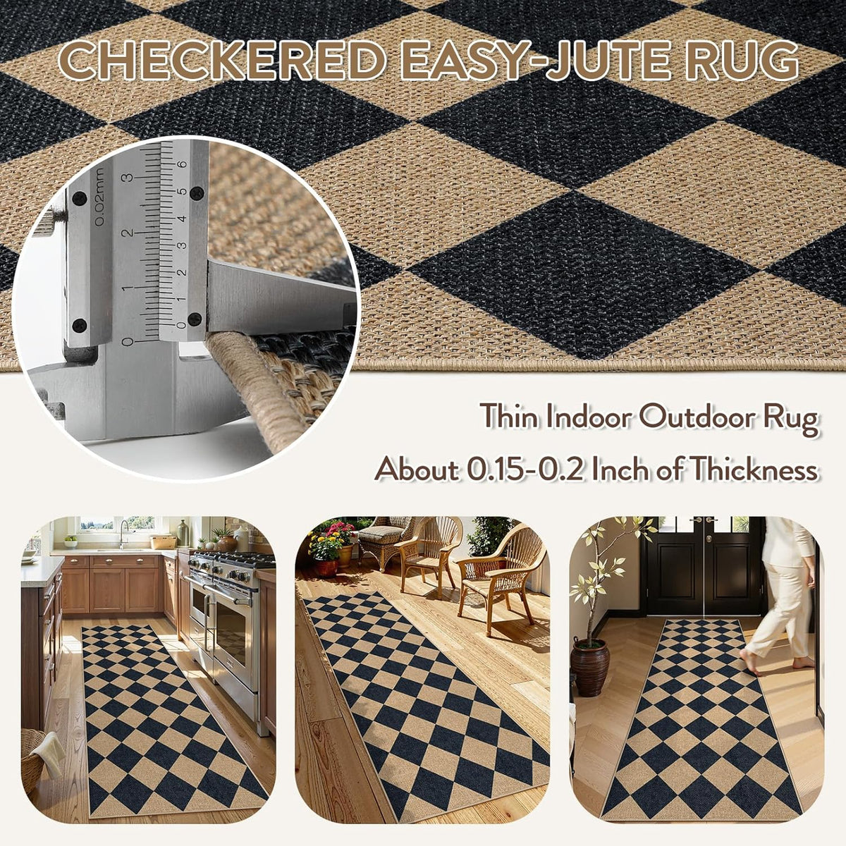 Lahome Checkered Easy Jute Runner Rug, 2x8 Hallway Kitchen Runner Rug Non Slip Washable Outdoor