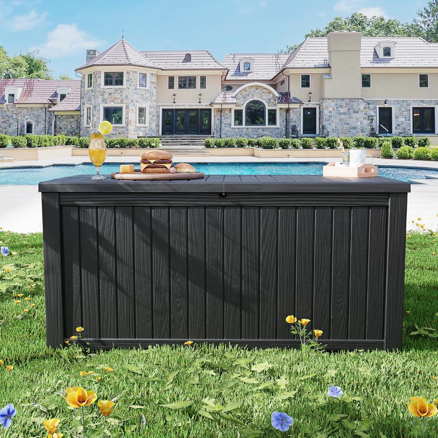 200 Gallon Outdoor Storage Box Waterproof Lockable Resin Deck Box Large, Patio Storage Bin for Pool