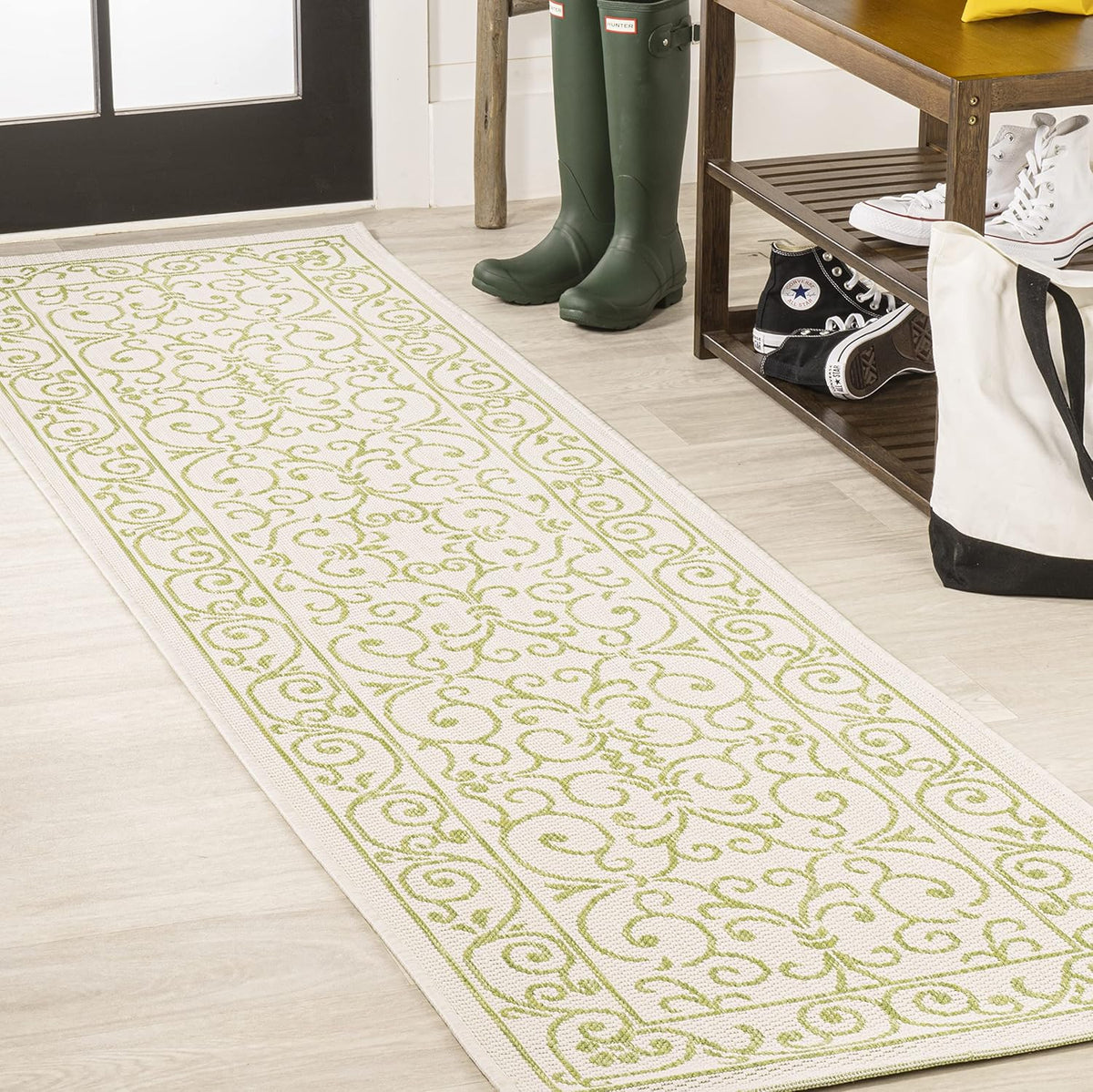 JONATHAN Y Vintage Filigree Indoor Outdoor Runner Rug 2X10 Cream/Green, Charleston Textured Weave