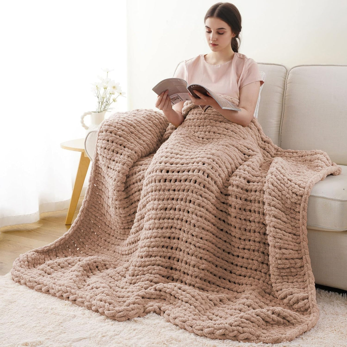 Battilo Chunky Knit Throw Blanket, Soft and Thick Chenille Throw Blanket, 50"x60" Handmade Cable