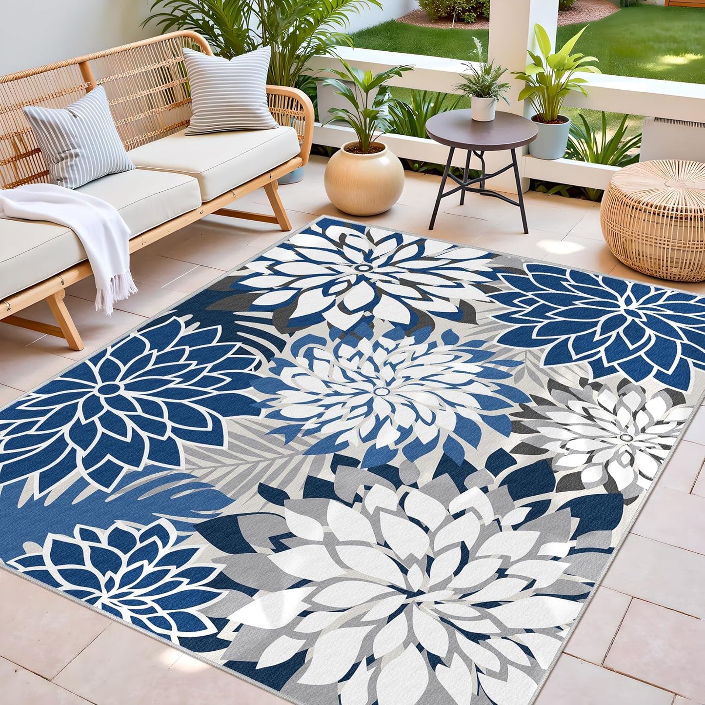 Indoor Outdoor Area Rug Washable Multicolored Patio Rug Tropical Botanical Modern Floral Indoor
