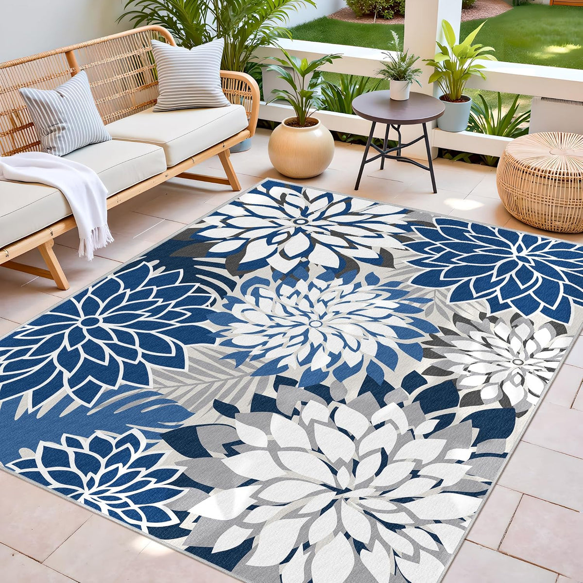 Indoor Outdoor Area Rug Washable Multicolored Patio Rug Tropical Botanical Modern Floral Indoor