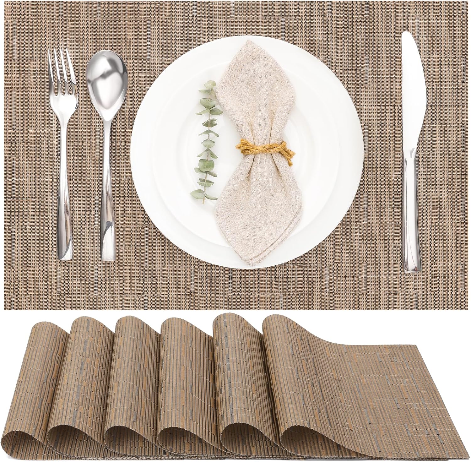 Myir JUN Placemats Set of 6, Vinyl Woven Placemats Place Mats Indoor Washable Table Mats Non-Slip