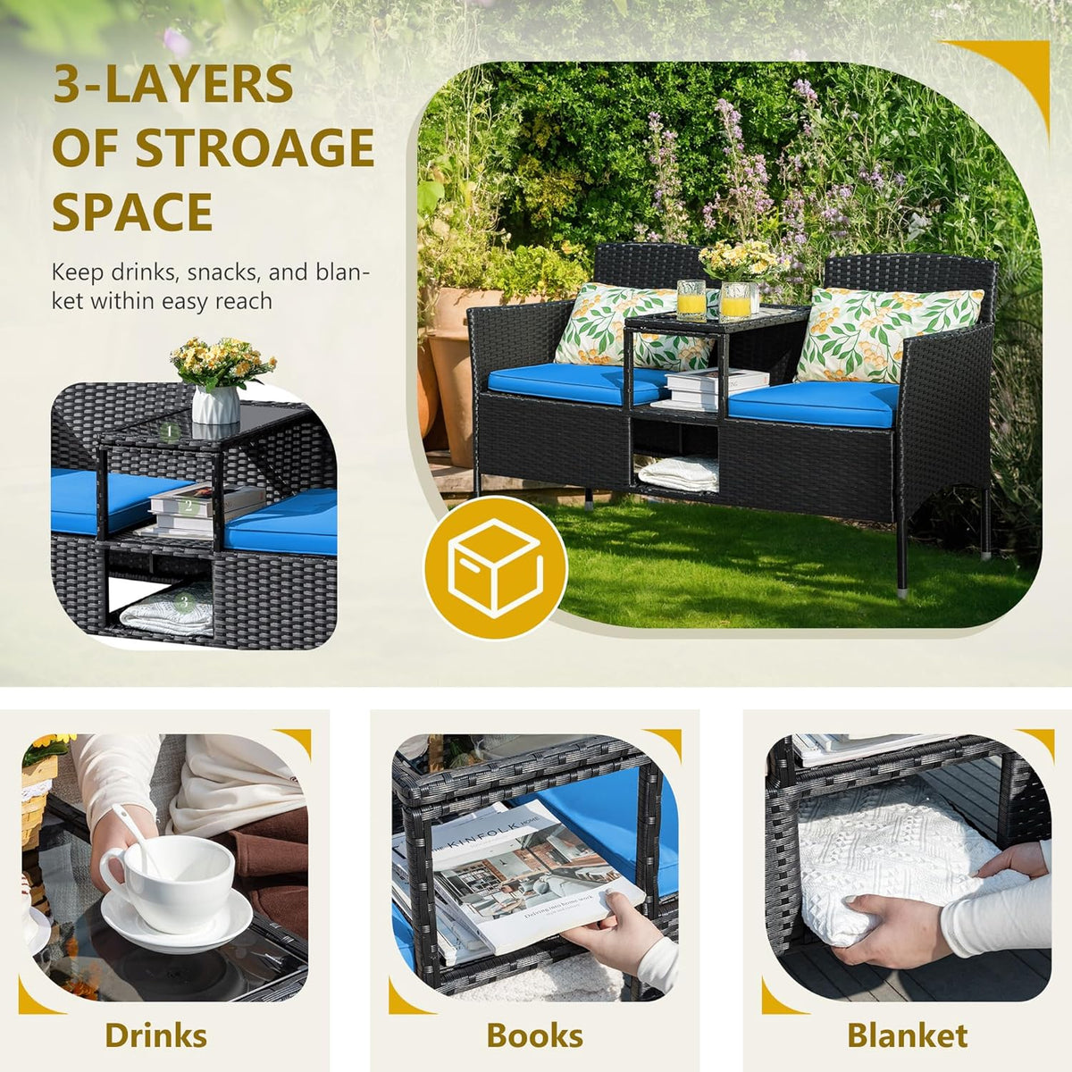 Flamaker Outdoor Furniture Patio Loveseat Wicker 2-Seat with Built-in Table and Cushions Rattan