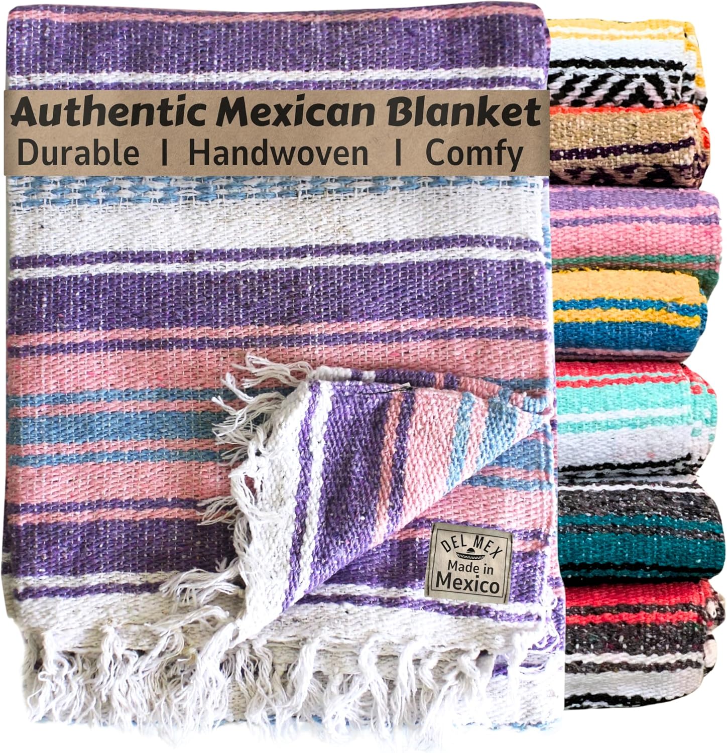 Del Mex Classic Mexican Blanket, Large Authentic Woven Falsa Throw (70"x50"), Artisan Southwest