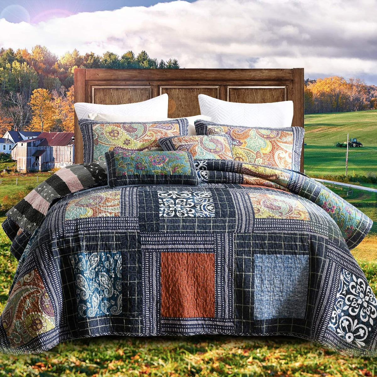 NEWLAKE Cotton Patchwork Bedspread, 3-Piece Bedding Quilt Set with Real Stitched Embroidery