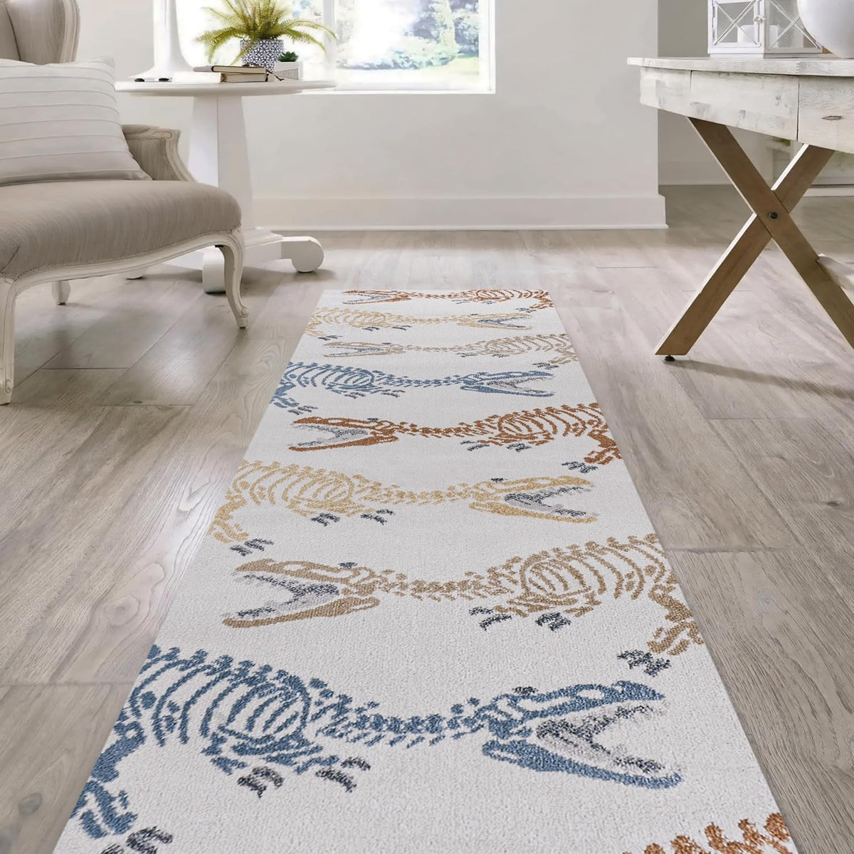 JONATHAN Y Machine-Washable Cream/Multi Runner Rug, 2x8, Kingdarr T-Rex Modern, Casual, Kids &