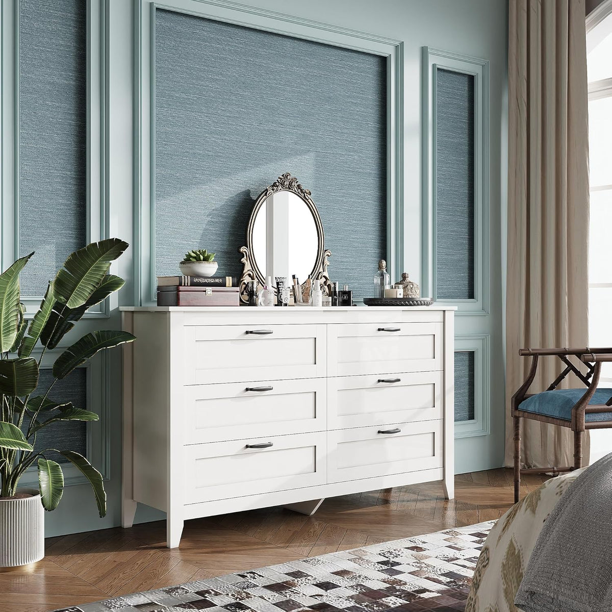 WLIVE White Dresser for Bedroom, 6 Drawer Wood Dresser with Metal Handle, Large Double Wooden Chest