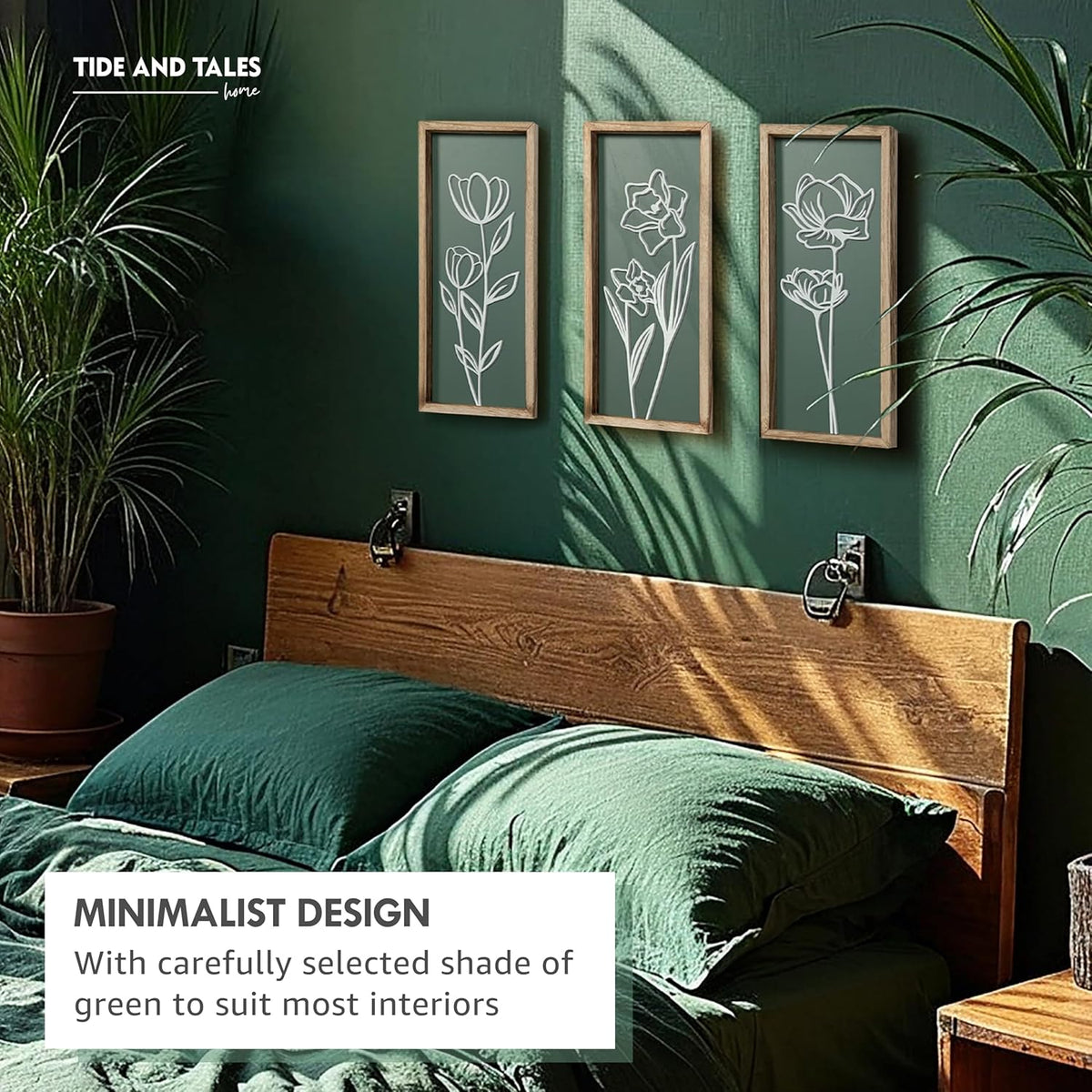 3D Floral Green Wall Art (Set of 3) Lightweight, Wooden Ready-to-Hang Boho Framed Wall Art for
