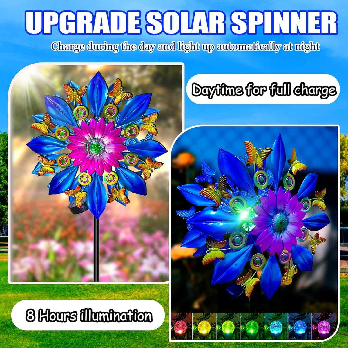 60 Inch Solar Wind Spinner Outdoor - Double-Sided Rotating Colorful Kinetic Wind Spinners for