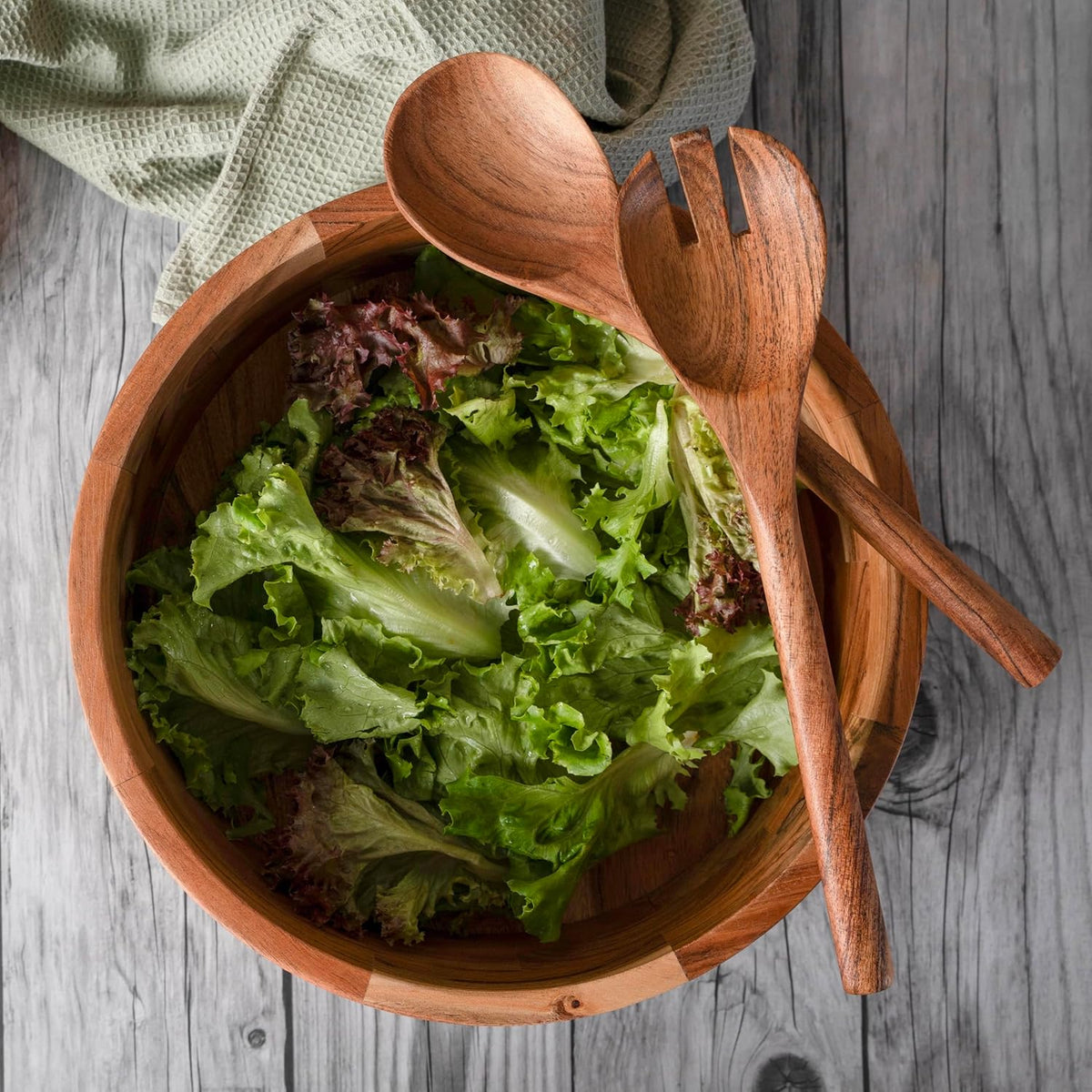 Luxe Designs 12" Wooden Salad Bowl Set with Serving Utensils Eco-Friendly, Multipurpose Mixing &