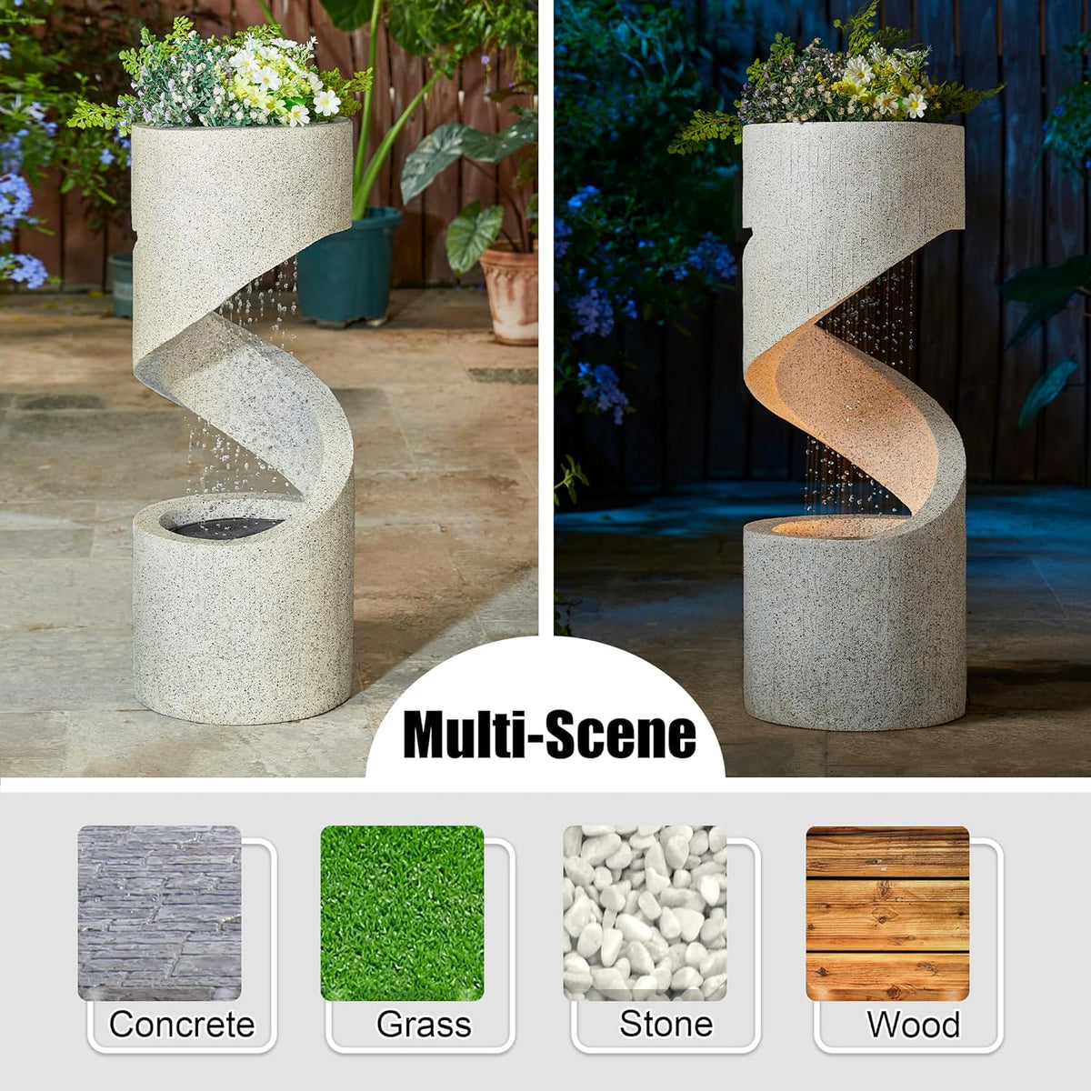 Glitzhome Decorative Tiered Outdoor Water Fountain with LED Light, Curved Waterfall Fountain with