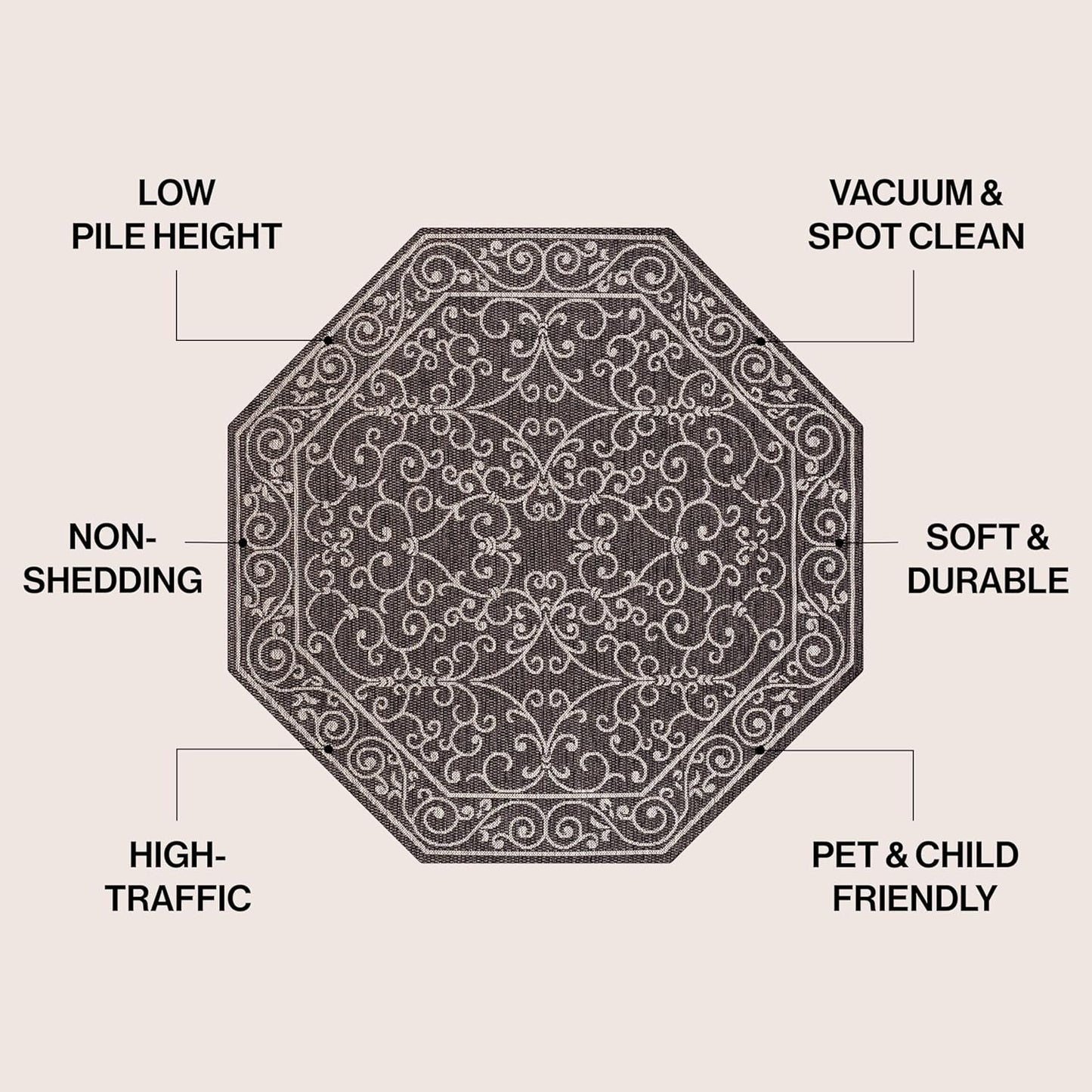 JONATHAN Y Vintage Filigree Indoor Outdoor Octagon Area Rug 8 Ft Black/Gray, Charleston Textured