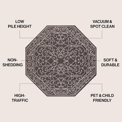 JONATHAN Y Vintage Filigree Indoor Outdoor Octagon Area Rug 8 Ft Black/Gray, Charleston Textured