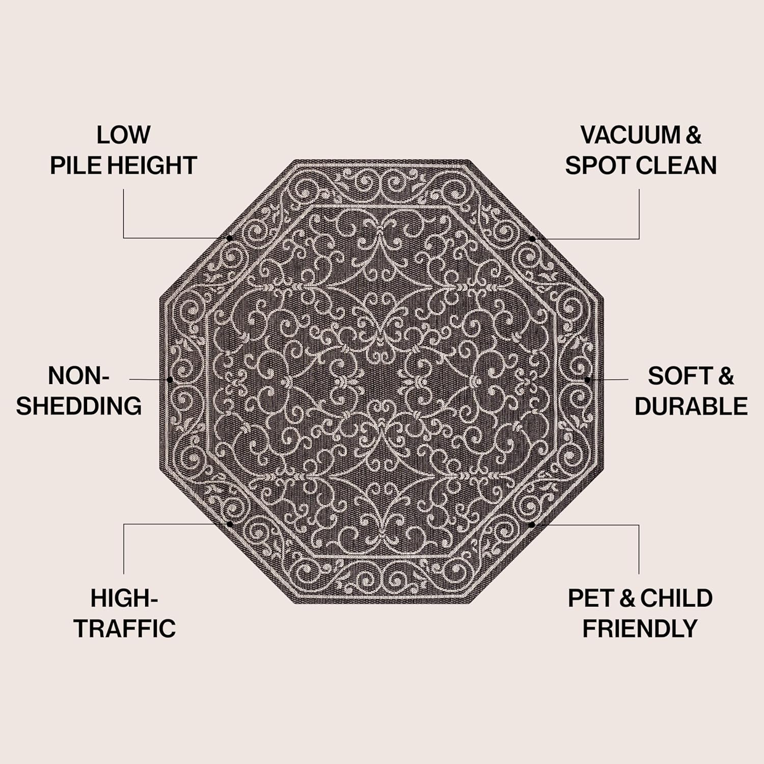 JONATHAN Y Vintage Filigree Indoor Outdoor Octagon Area Rug 5 Ft Black/Gray, Charleston Textured