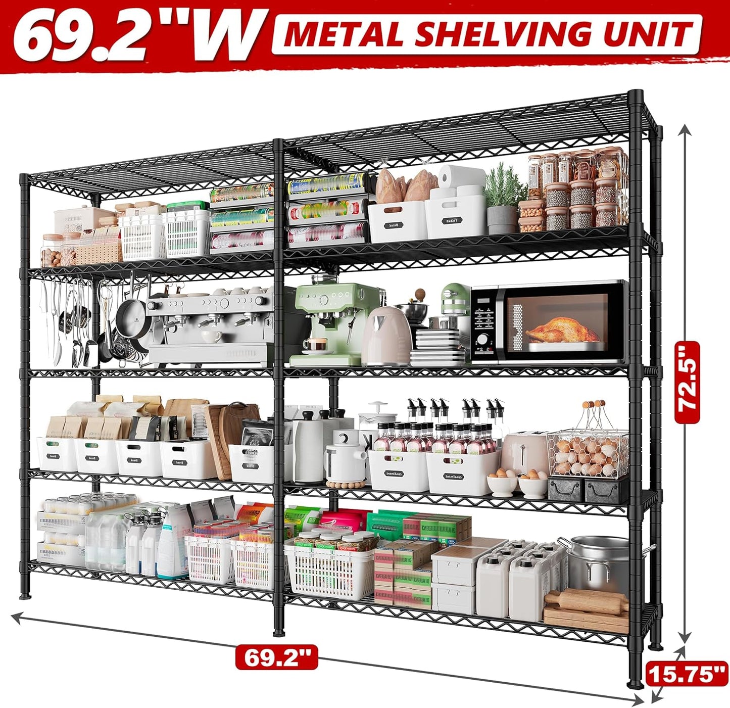 REIBII 70" W Storage Shelves Heavy Duty Load 1600LBS, Metal Shelving 5-Tier Wire Shelving Unit