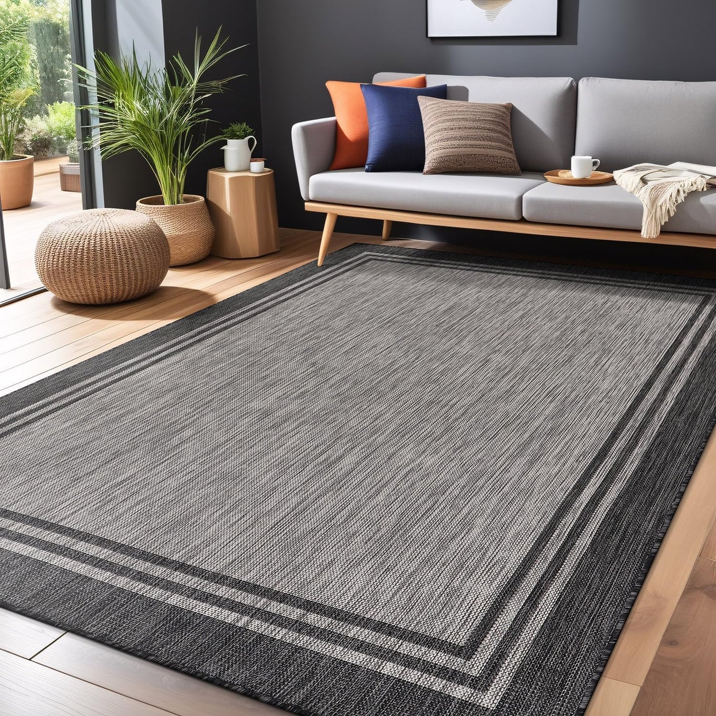 Bordered Outdoor Rug 5x7 Washable Outside Carpet for Indoor Patio Porch Waterproof Easy Cleaning