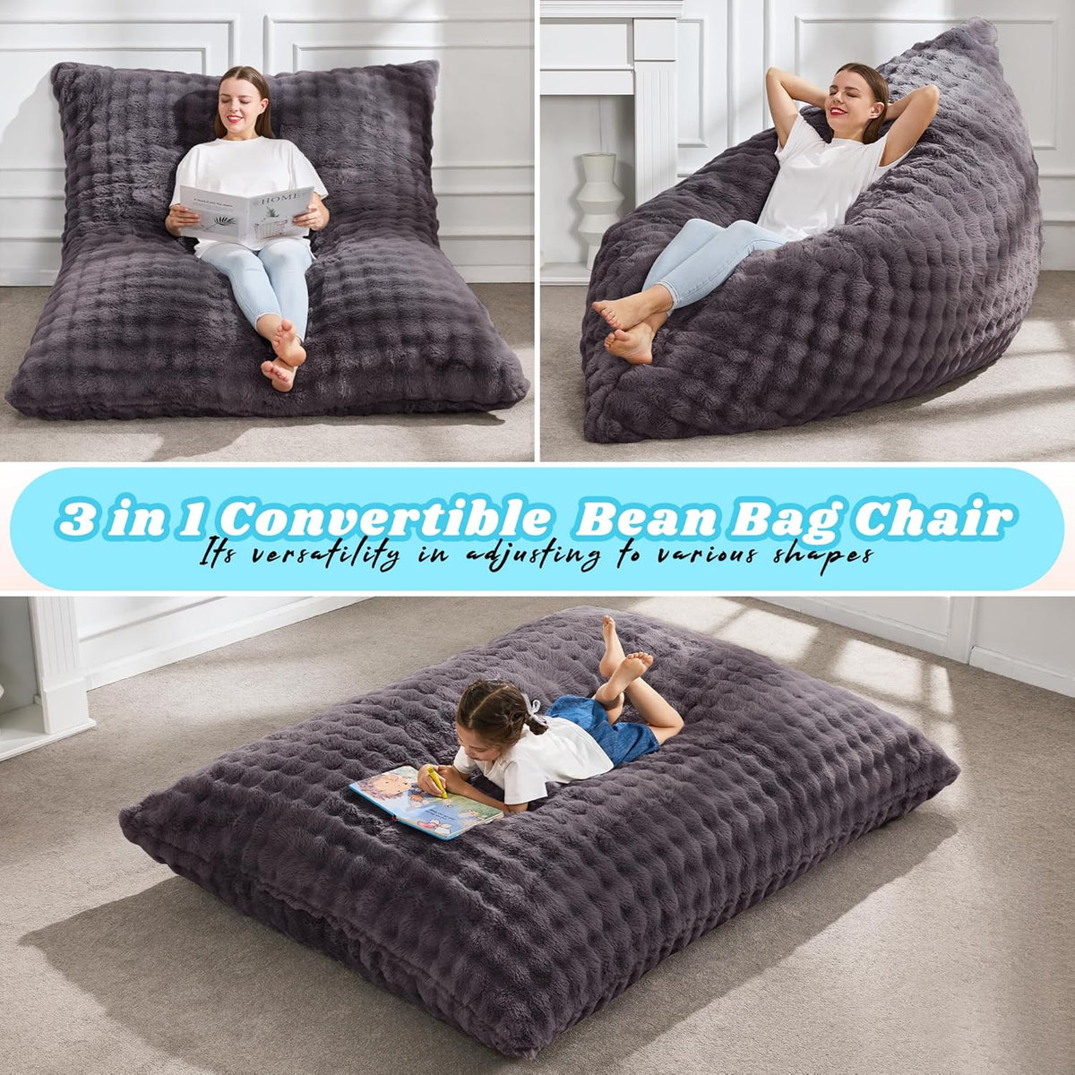 Hobestluk 3 in 1 Bean Bag Chair Giant Bean Bag Chairs for Adults with Bubble Cover Convertible Bean