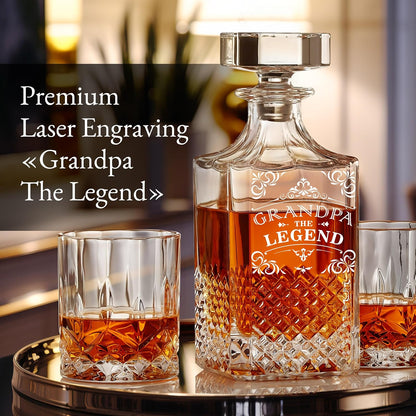 Luxury Gift For Men - Grandpa The Legend - Unique Engraved Whiskey Decanter Set For Beloved Grand
