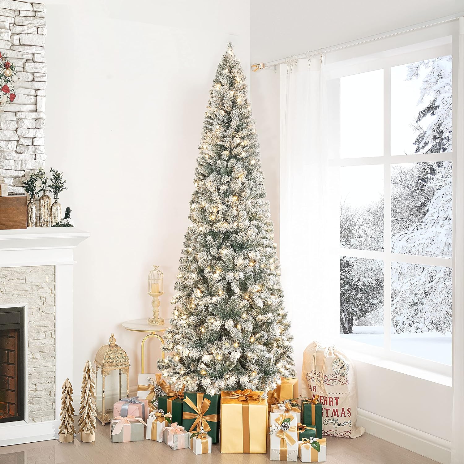Naomi Home Salzburg 7.5ft Frosted Prelit Slim Artificial Christmas Tree with 1102 Branch Tips, 350