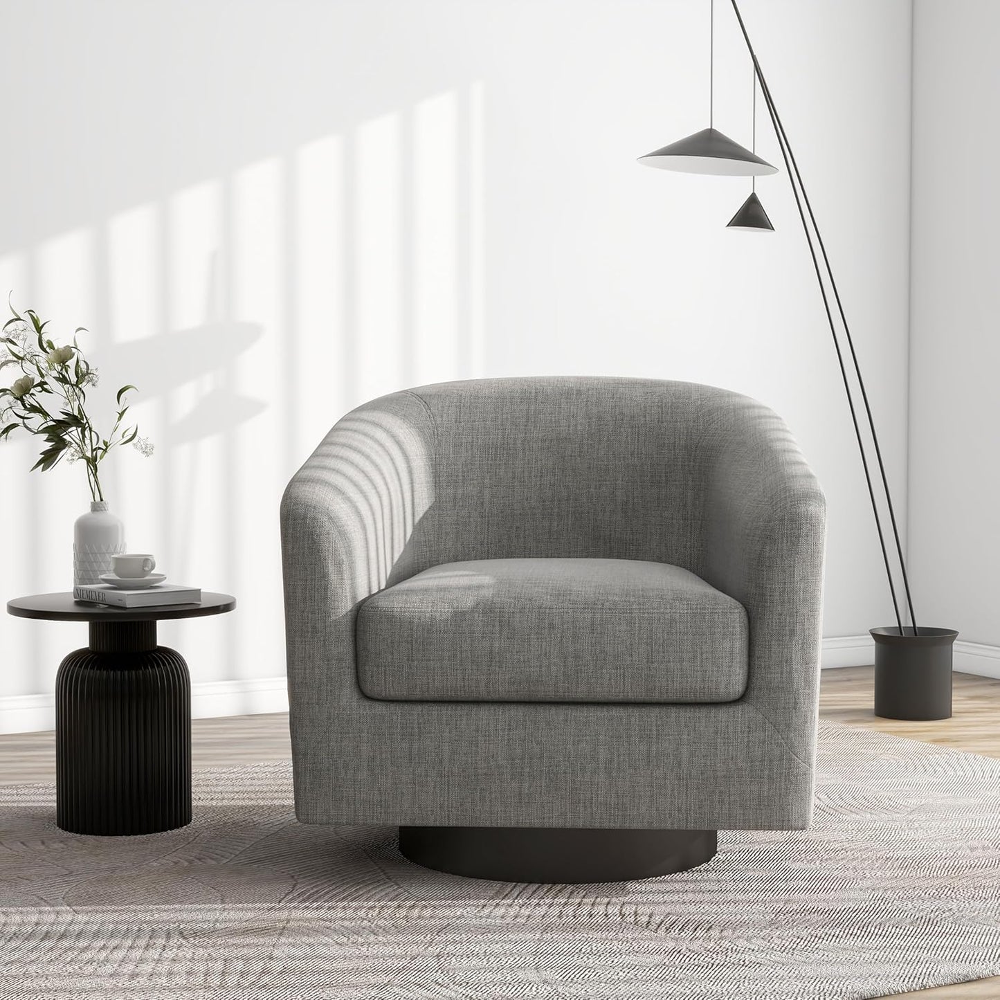 Swivel Barrel Accent Chair, Modern Round Linen Arm Chair for Living Room, Bedroom, Comfy Club