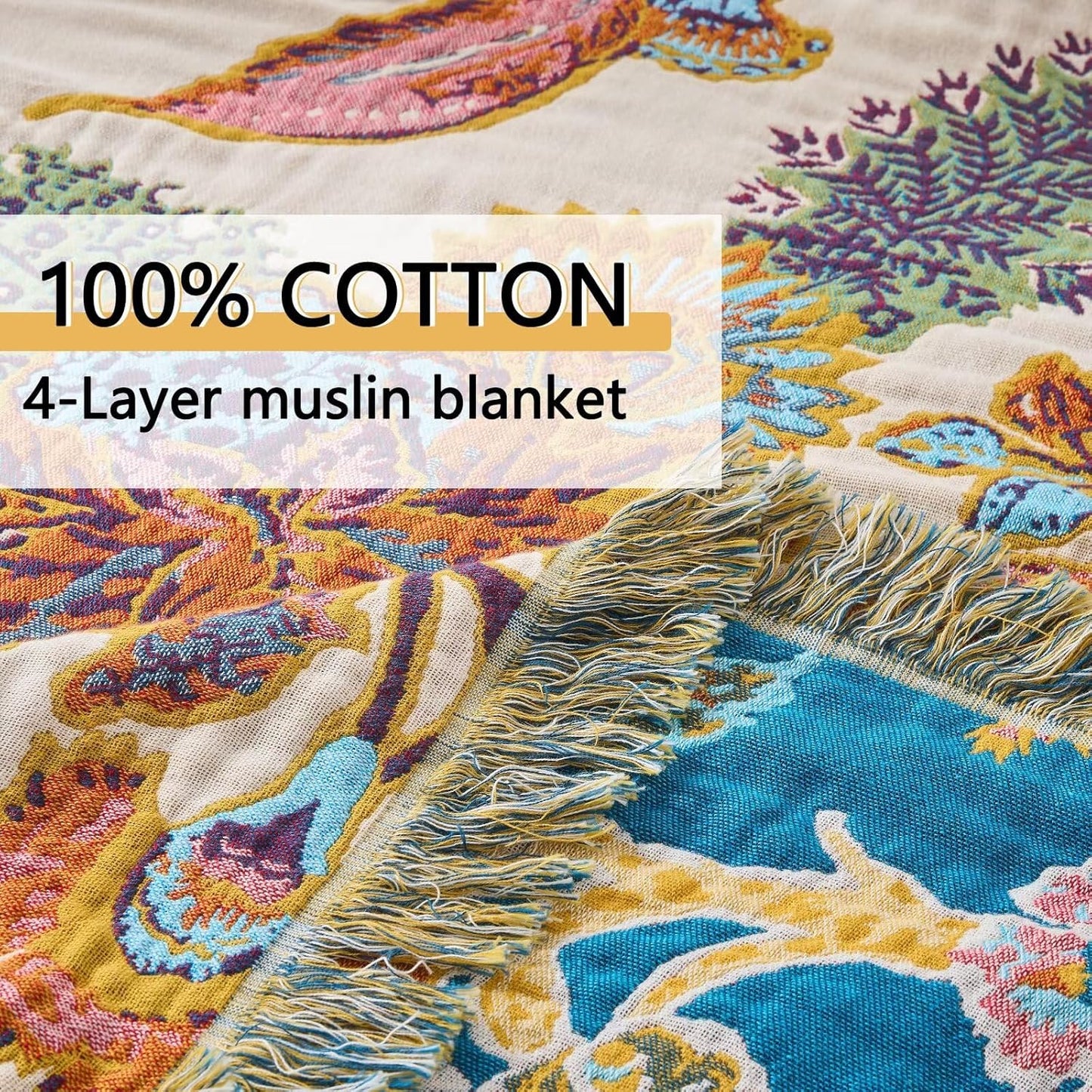 100% Muslin Throw Blanket for Couch, Butterfly and Floral Double Embroidery Fall Throw Blanket