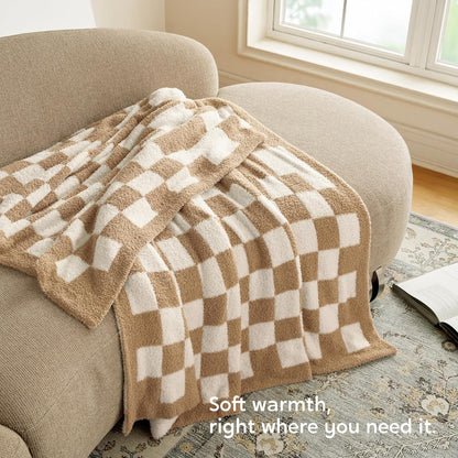 Joiedomi Twin Blanket for Couch Bed, Checkered Knitted Blankets Gifts for Women Mom Girls, Cozy