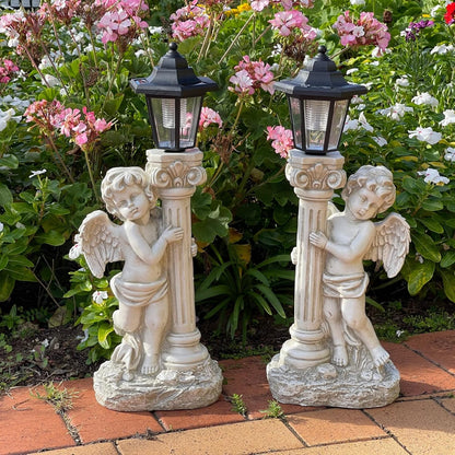 Angel Statue with Solar Lights (Left) 19.7 Inch, Outdoor Solar Angel Garden Statue with Roma Pillar