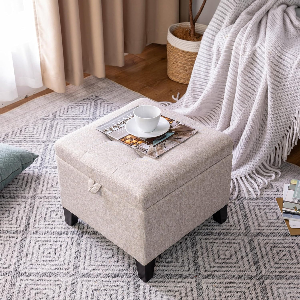 Adeco 18 Inch High Cube Ottoman Storage, Linen Chair Foot Stools, Upholstered Vanity Stool with