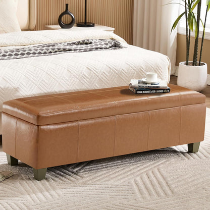 51" Faux Leather Storage Ottoman, Stitch Tufted Rectangle Upholstered End of Bed Storage Bench