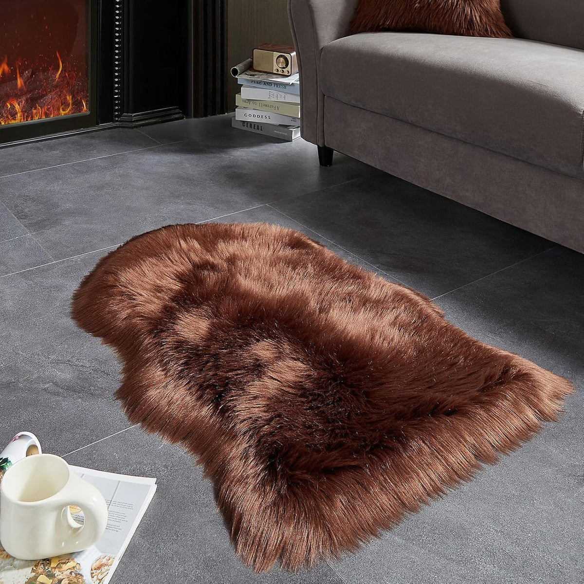 AMTOVO Faux Fur Rug, Coffee Small Area Rug, Fluffy Sheepskin Rug, Fuzzy Ultra Soft 2 x 3 ft Shag