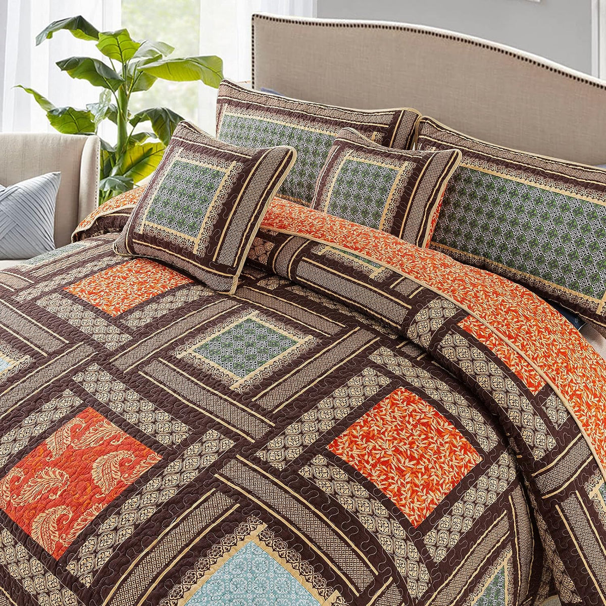 NEWLAKE Cotton Patchwork Bedspread, 3-Piece Bedding Quilt Set with Real Stitched Embroidery