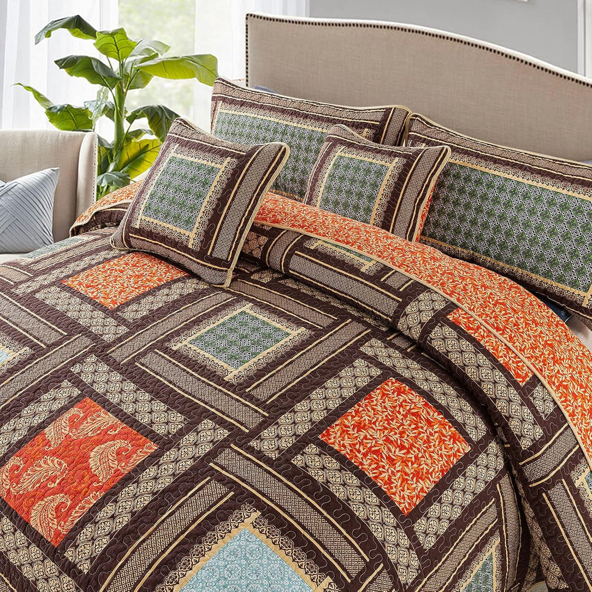 NEWLAKE Cotton Patchwork Bedspread, 3-Piece Bedding Quilt Set with Real Stitched Embroidery