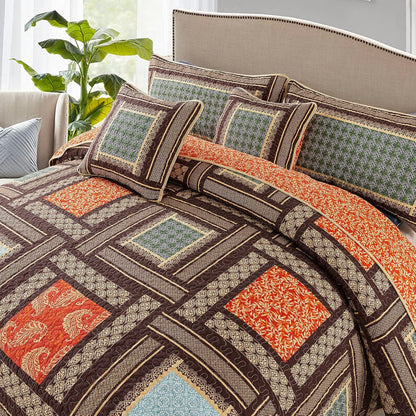 NEWLAKE Cotton Patchwork Bedspread, 3-Piece Bedding Quilt Set with Real Stitched Embroidery